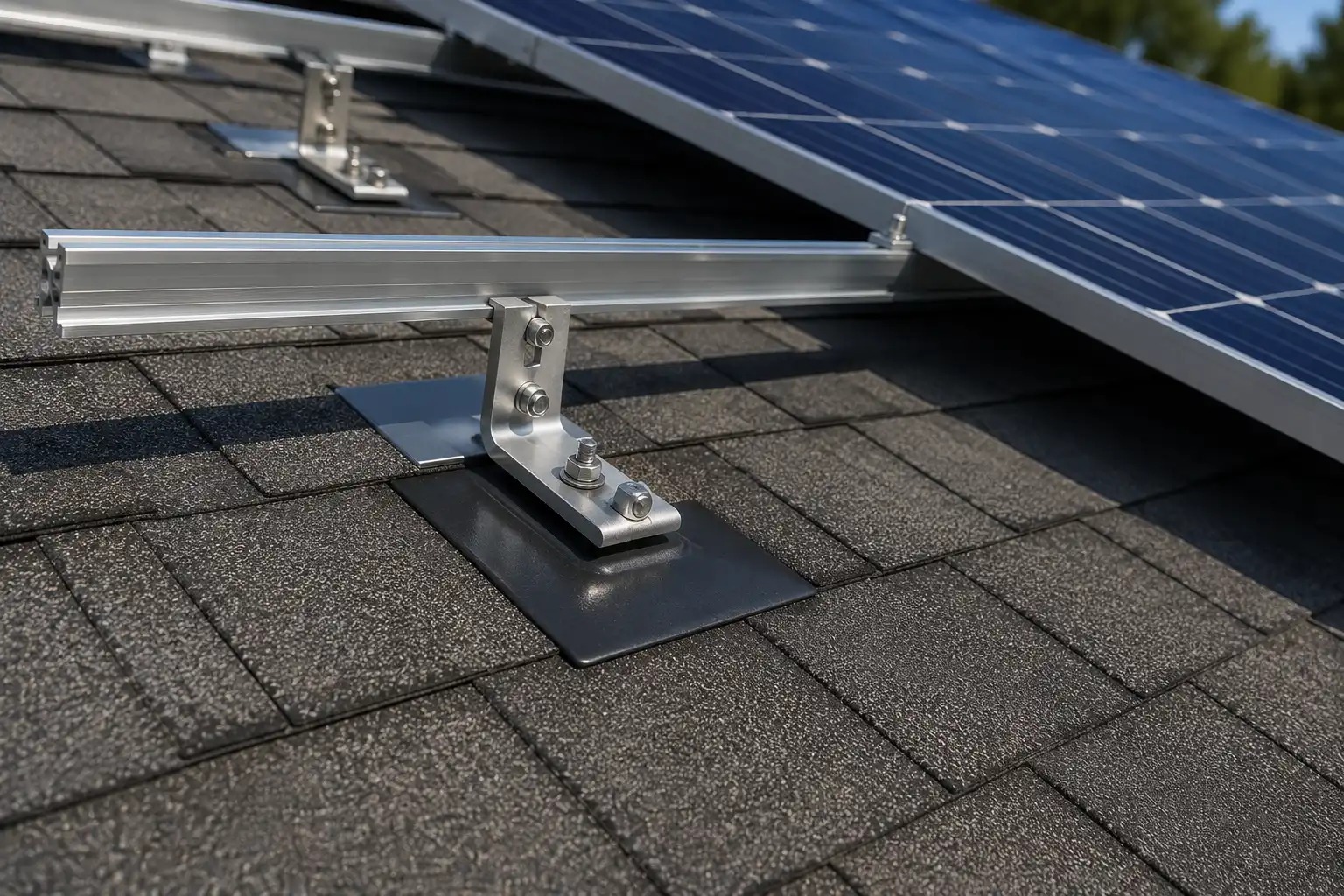 Solar panel mounting rail and roof attachment hardware
