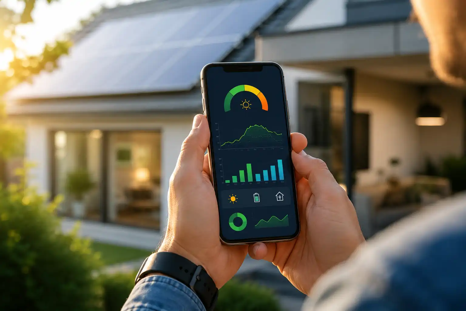 Mobile phone showing a solar energy monitoring dashboard