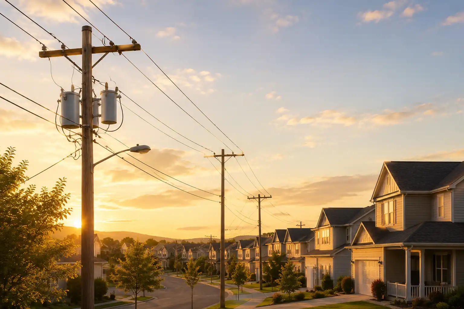 Utility power lines connected to a residential neighborhood