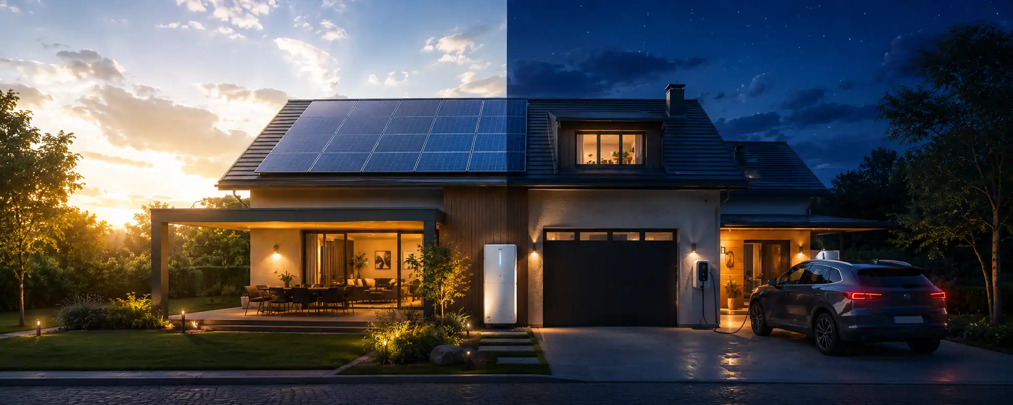 Solar-powered home transitioning from daytime generation to nighttime battery use