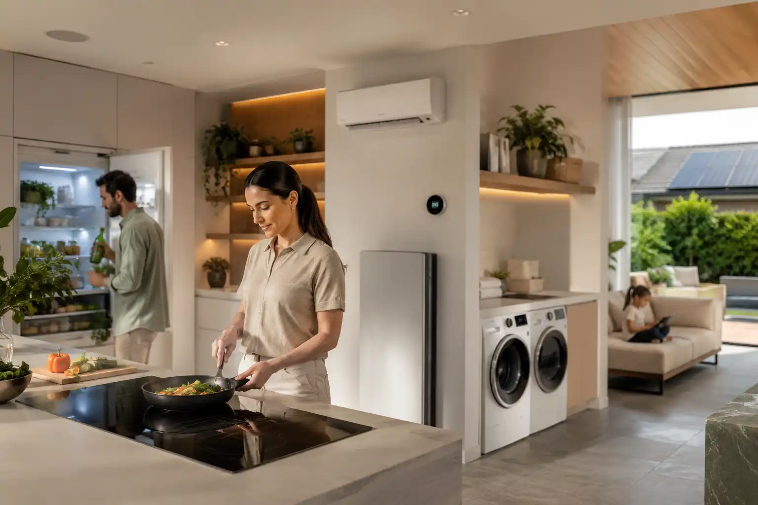 Homeowner using modern electric appliances powered by the home energy system