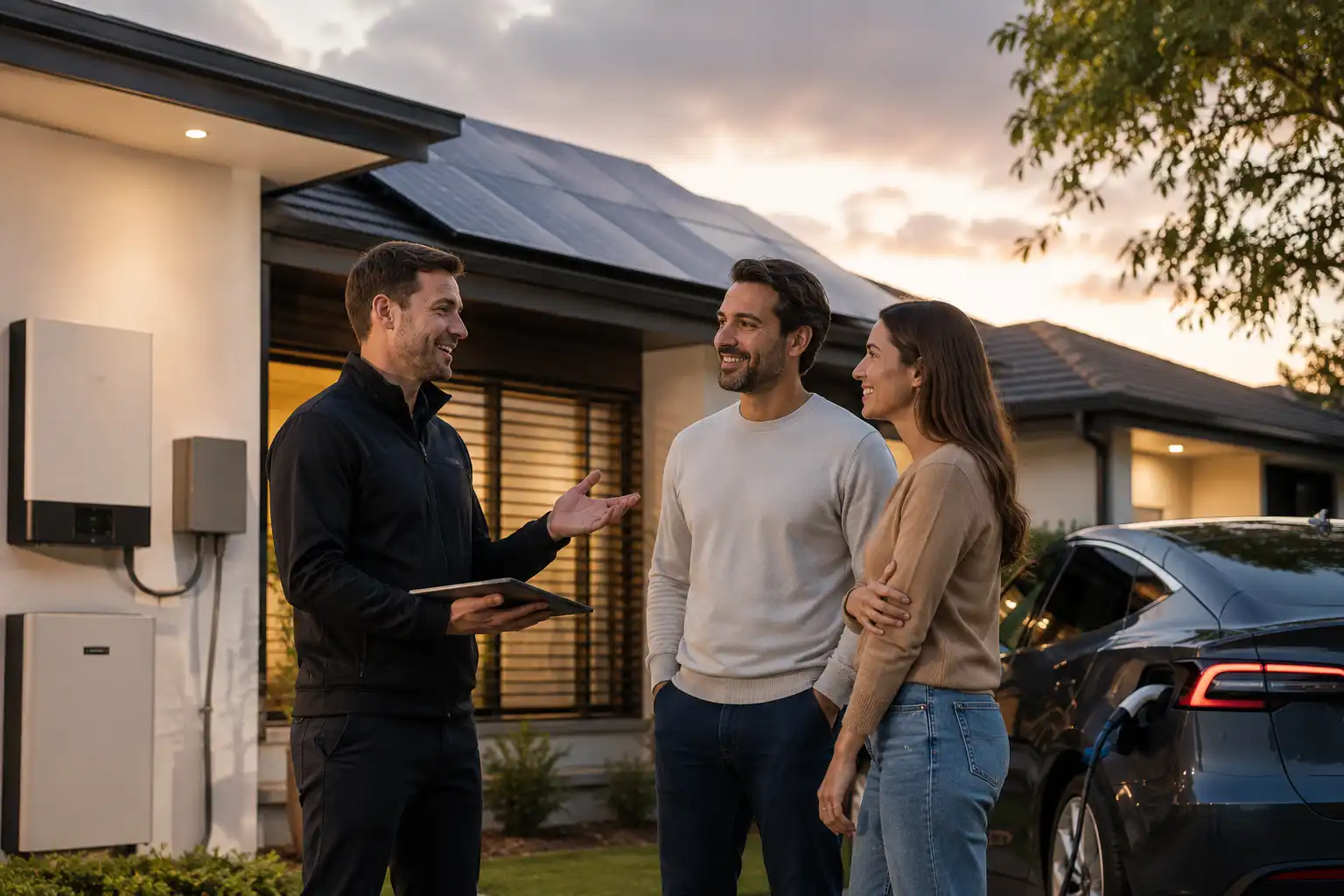 Solar consultant reviewing household energy goals with homeowners