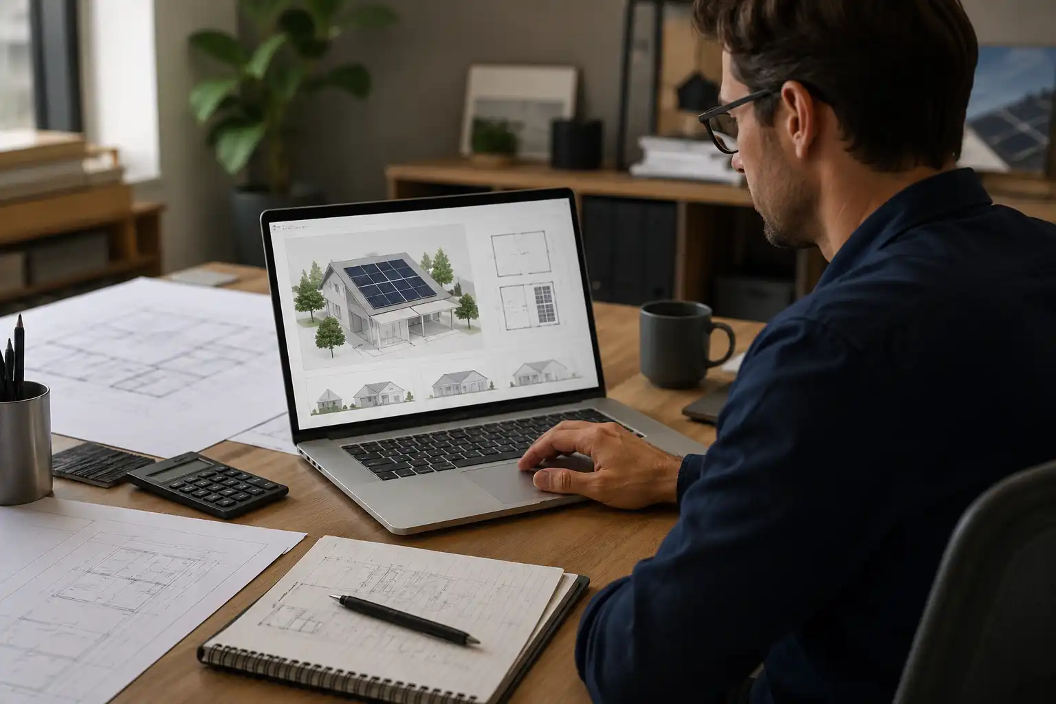 Solar system design and production plan displayed on a laptop