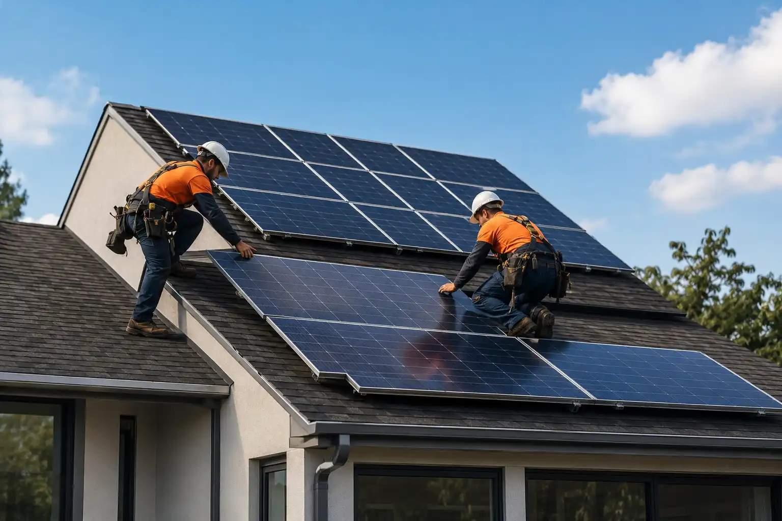 Professional installers mounting solar panels on a residential roof