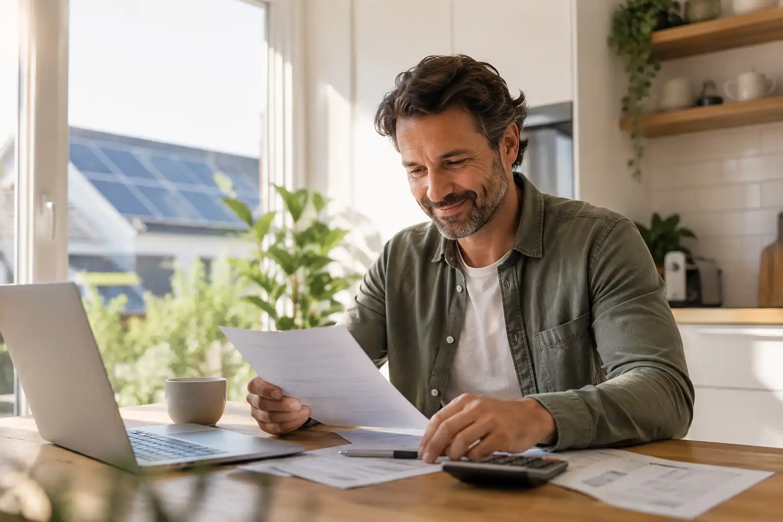 Homeowner reviewing an electric bill at the kitchen table