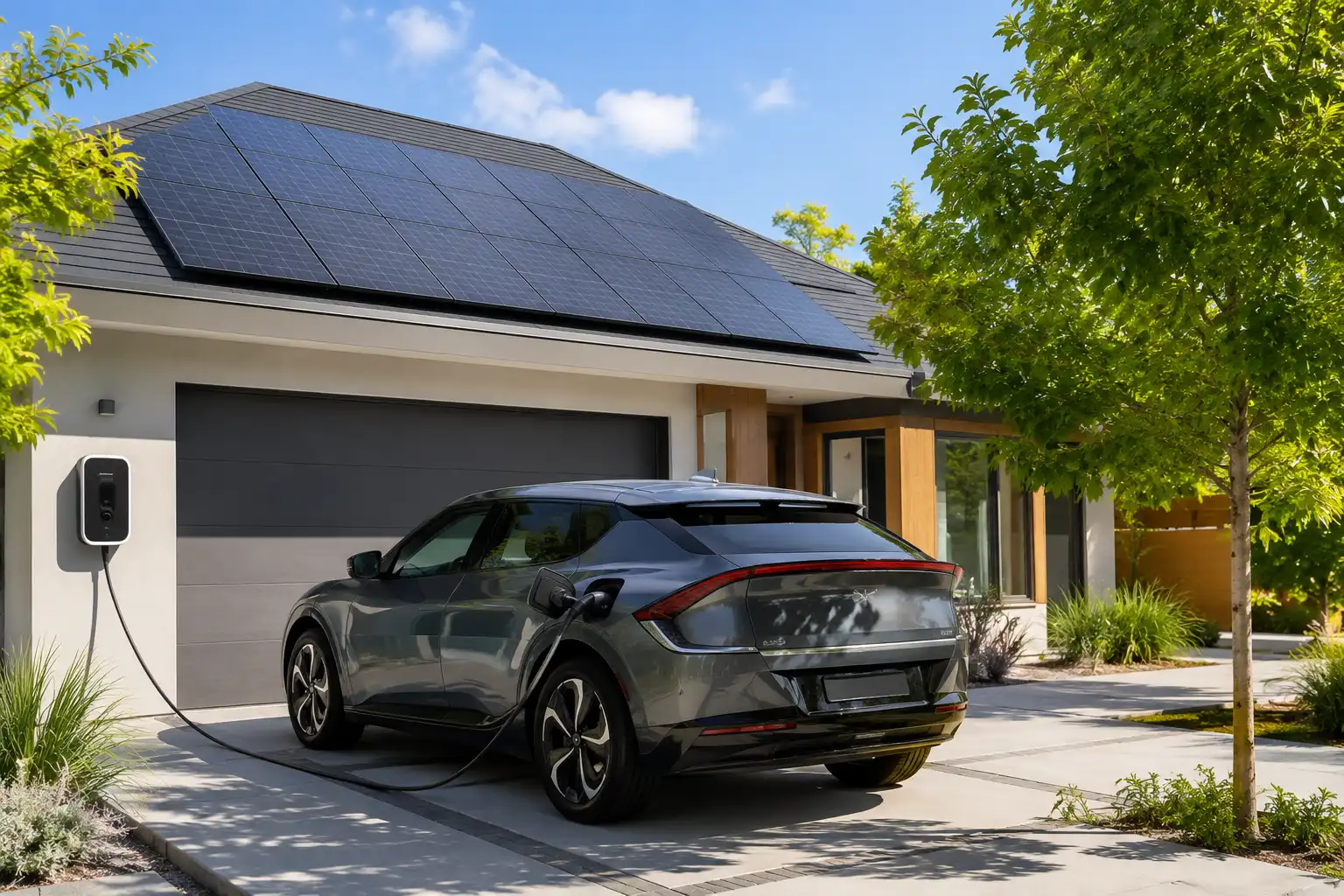 Electric vehicle connected to a home charger