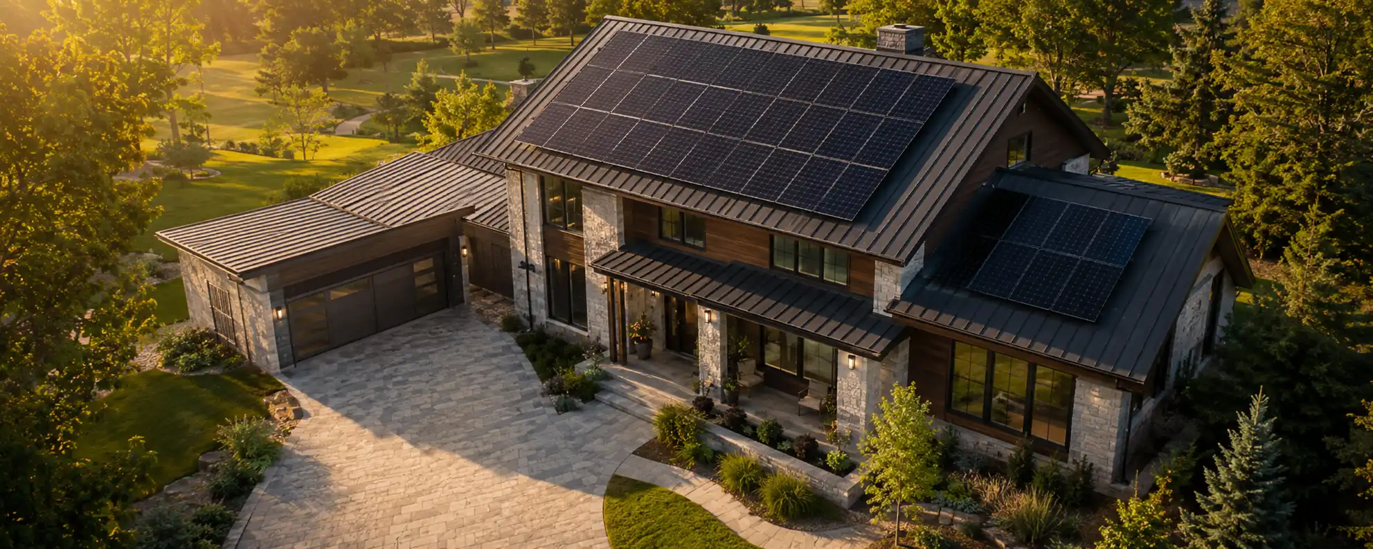 Aerial view of a home with a professionally installed rooftop solar system