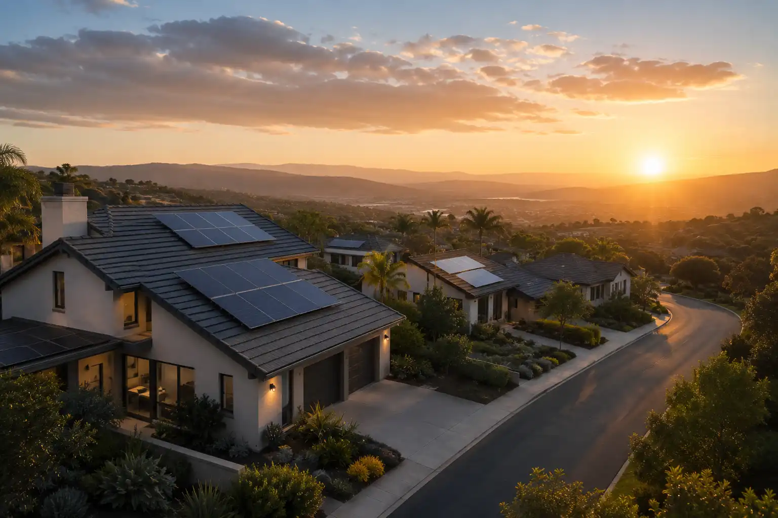 Sunrise over a quiet residential landscape