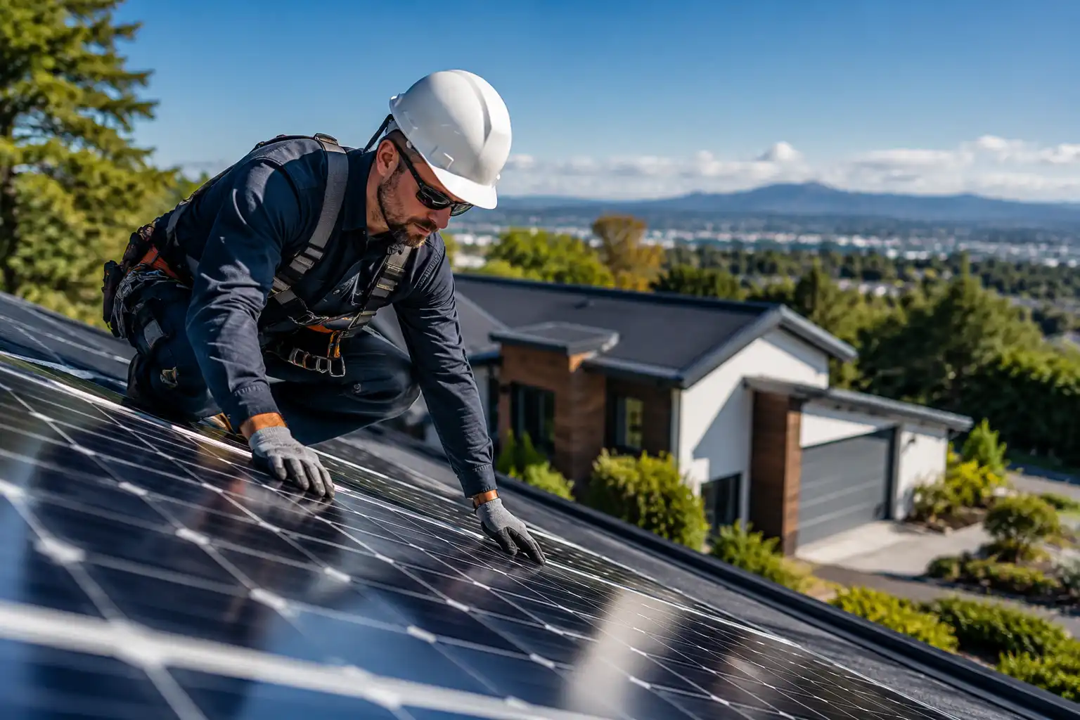 Completed residential solar installation at dusk