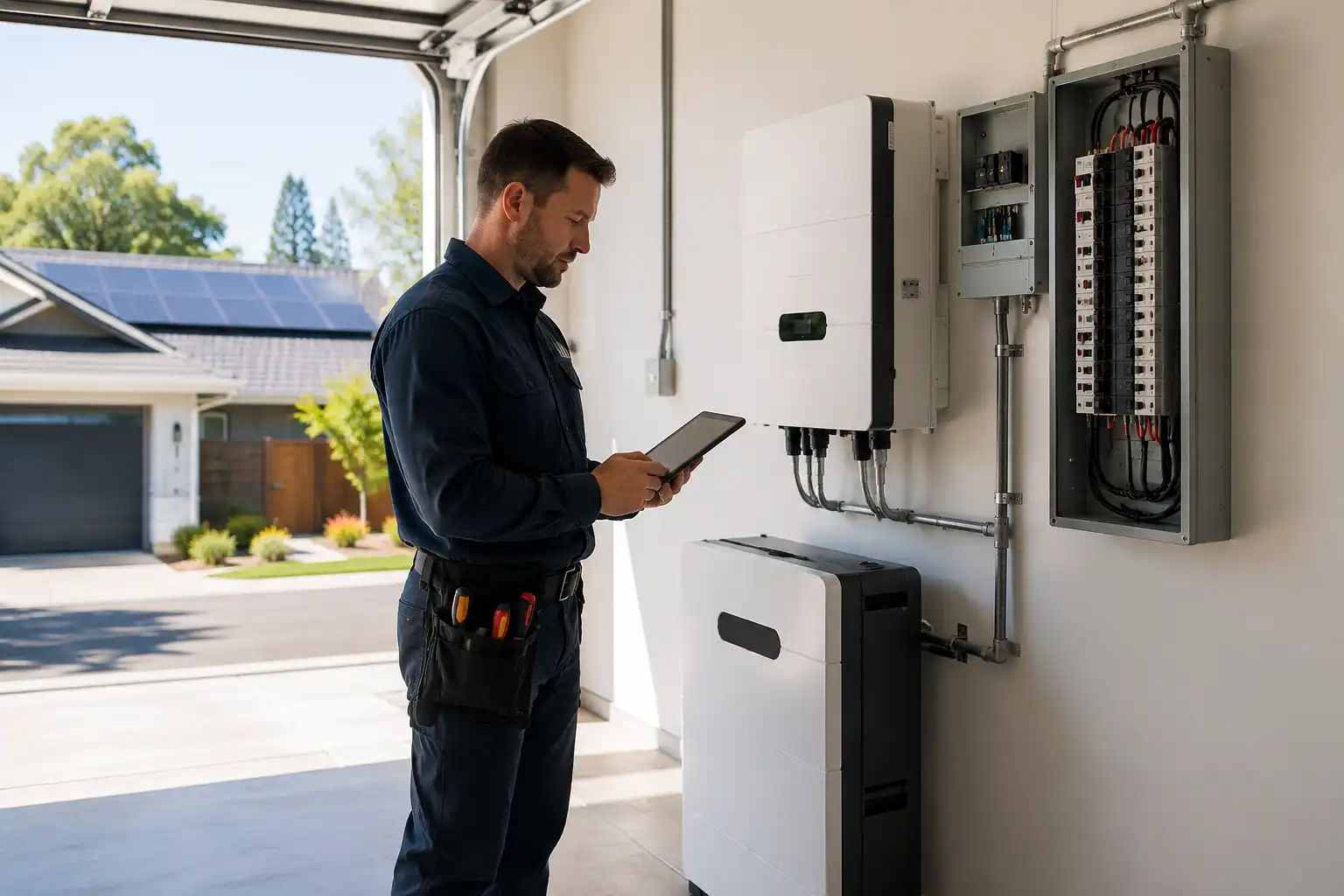 Solar technician completing final system checks