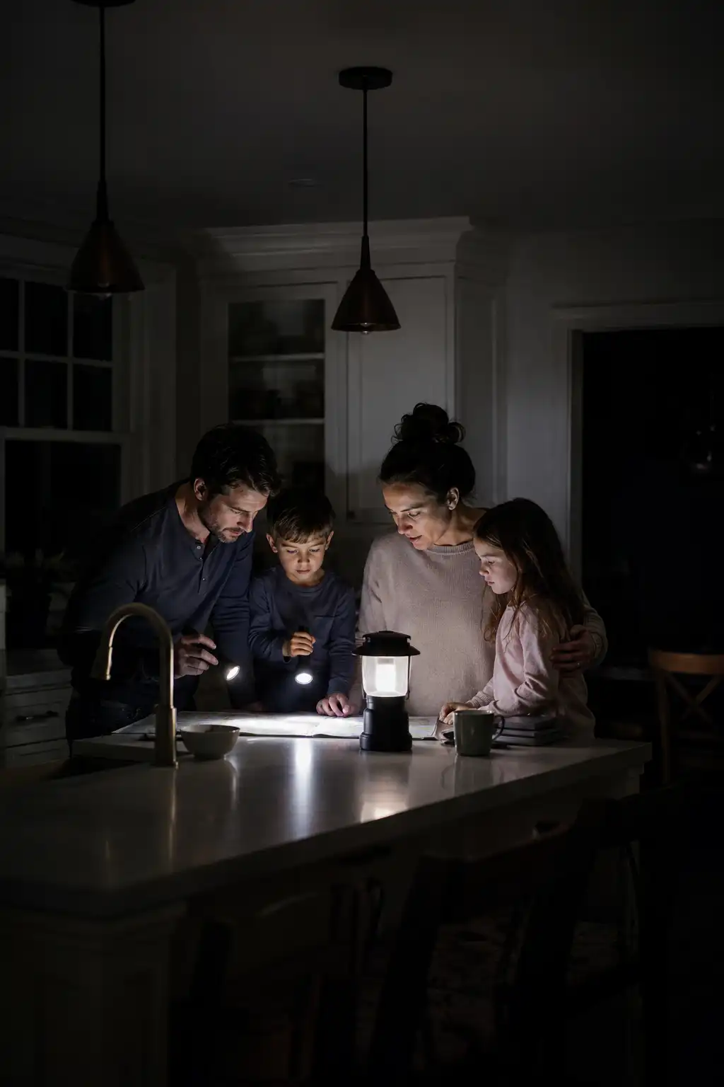 Neighborhood homes during a power outage and severe storm