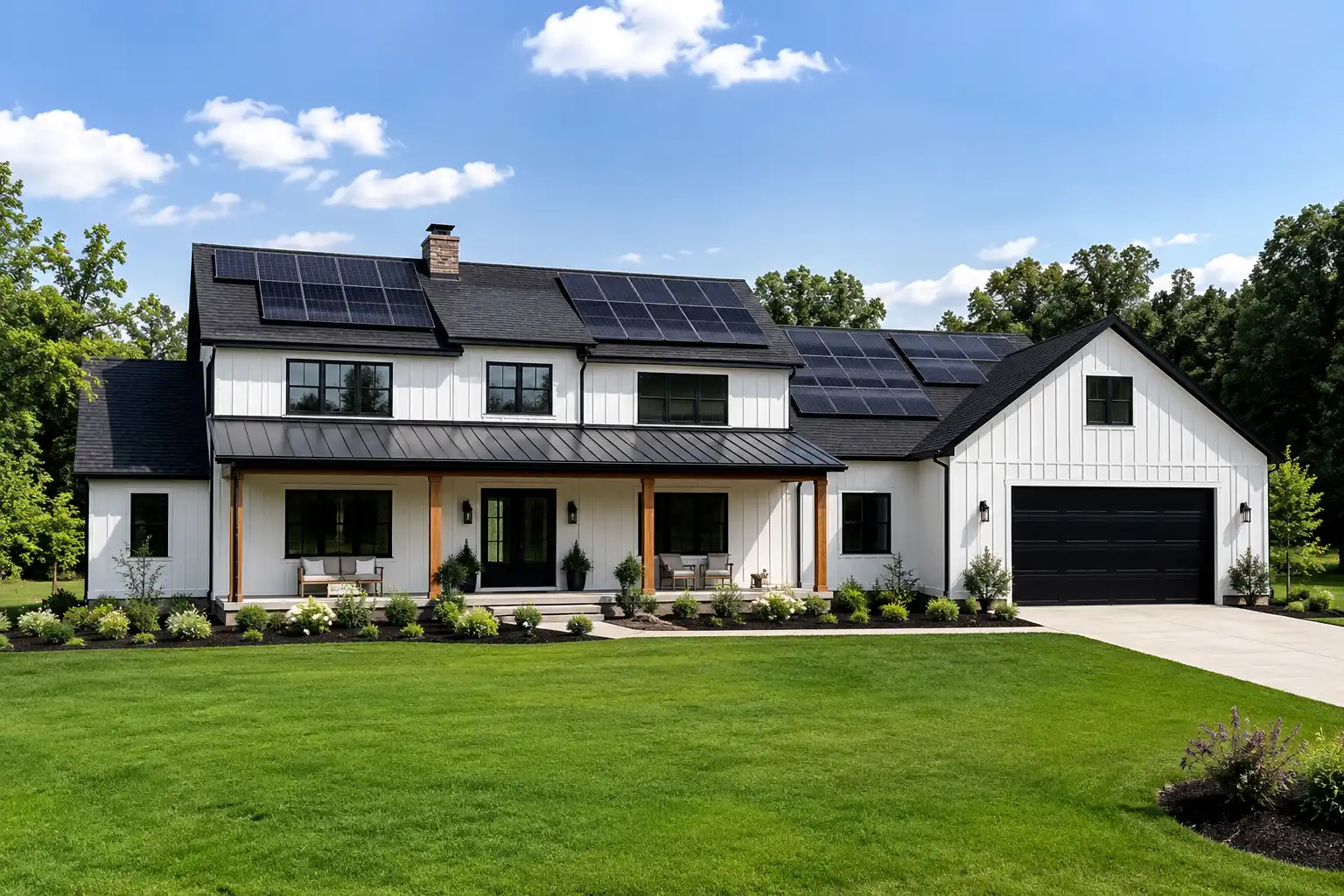 Johnson Residence with rooftop solar panels at sunset